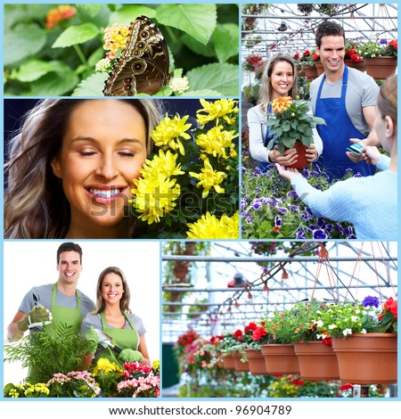 Happy gardening couple collage. People with flowers.