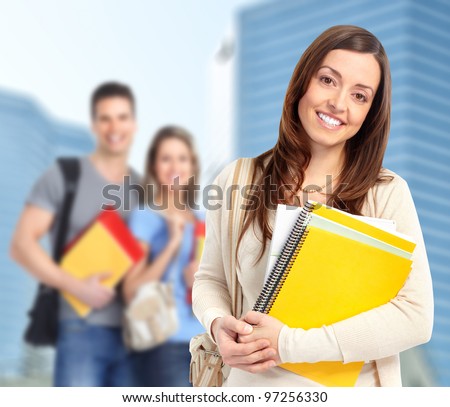 Young smiling  student woman with book. University education.