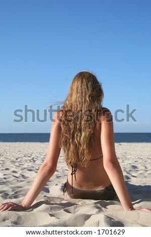 Woman with long hair sitting on a beach (turned back)