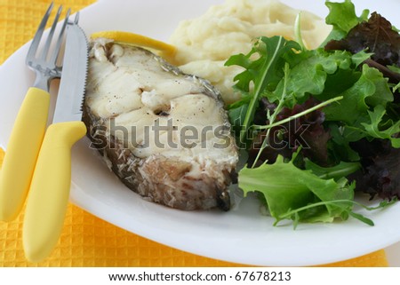 boiled fish with mashed potato and salad