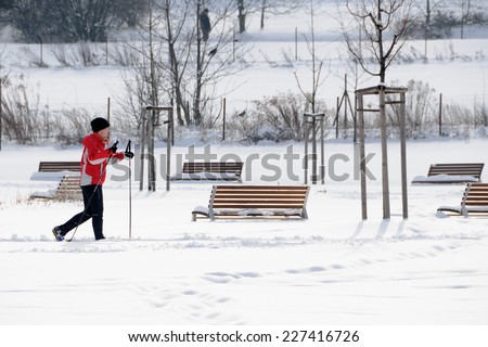 PRAGUE, CZECH REPUBLIC - FEBRUARY 24, 2013: Cross country skier run in Prague park.