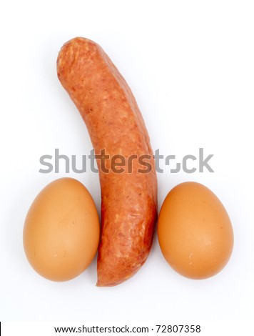  Eggs and sausage ordered like penis and testicles isolated on white