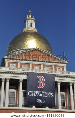BOSTON, MASS.- 2 Nov: A Boston Red Sox World Series Champions banner decorates the Statehouse in Boston on 2 November 2013.