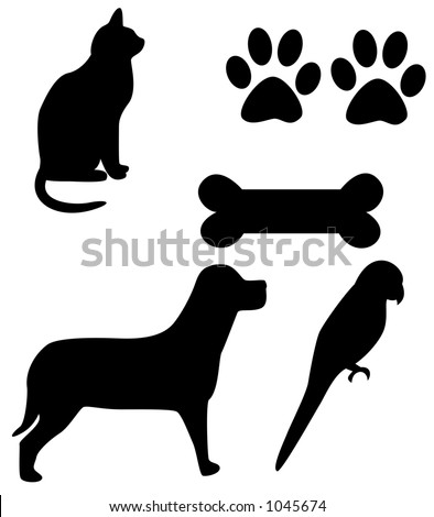 stock photo : House Pets Clipart - Cat, Dog, Bird, Dog Bone,