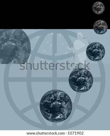 Global Communications Illustration with earth globes with man\'s silhouette on a cell phone. Lots of room for ad copy.