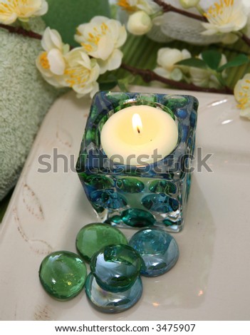 Candle - Aroma Therapy with Glass Stones on Ceramic Platter
