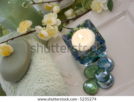 Spa Retreat with Towels, Candles, Bath Salts and Apple Blossoms