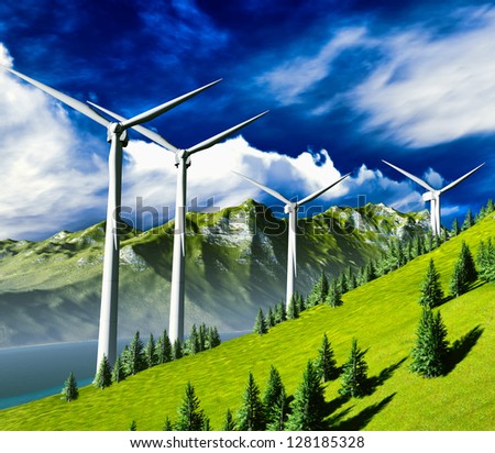 Wind turbines onshore in picturesque landscape