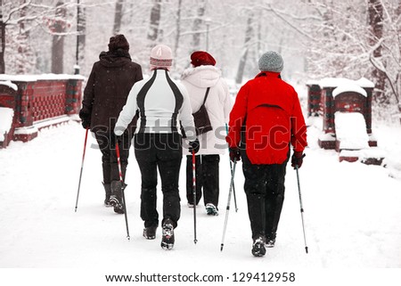Group of senior women in the park - nordic walk in winter during blizzard