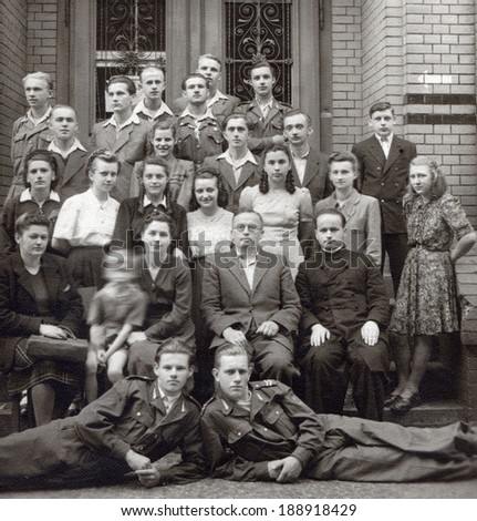 POLAND, CIRCA 1947: Students pose to photo after final examinations in Lubsko school, circa 1947