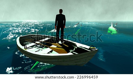 Determined businessman surrounded by sharks