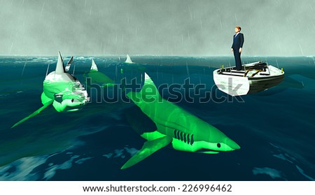 Determined businessman surrounded by sharks