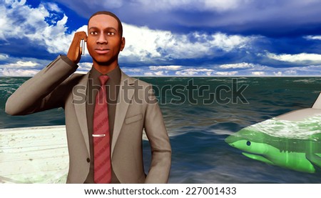 businessman surrounded by sharks calling for help on mobile phone