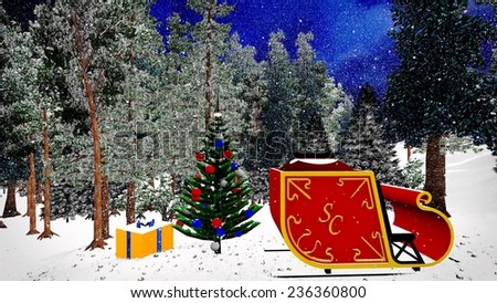 Christmas forest with gifts and sleigh