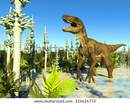 Prehistoric landscape with big T.rex the dinosaur