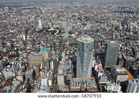 Tokyo panorama with streets, houses and skyscrapers bird\'s eye view. All trademarks and sign boards are blurred or erased.