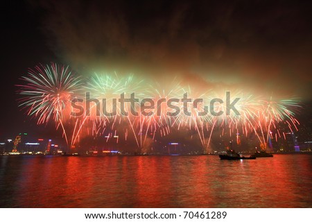 stock photo : HONG KONG - FEB 4: Chinese New Year Fireworks at Victoria Harbour