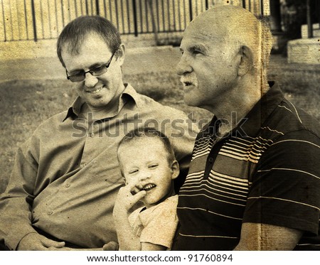 portrait of son, father and grandfather. Photo in old color image style.