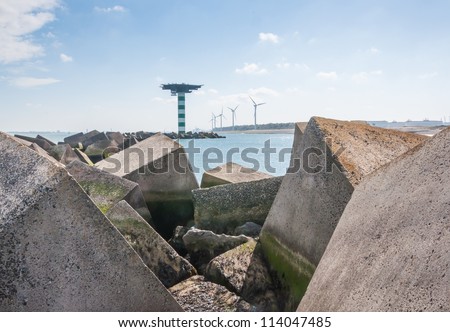 Details of a concrete block dam near Maasvlakte 2, the port of Rotterdam\'s land reclamation project. The concrete cubes weigh over 40 tonnes a piece and measure 2.5 by 2.5 by 2.5 m.