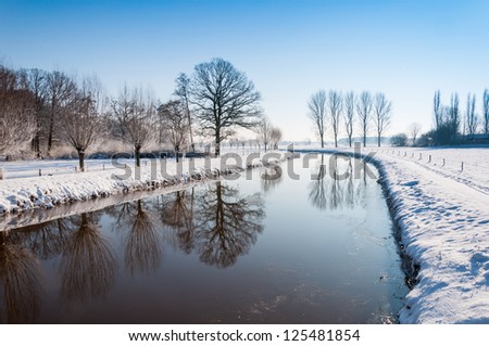Bare trees reflected in the mirror smooth water surface in a snowy landscape.