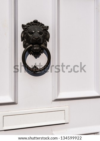 Bronze lion head and ring as a door knocker on a white front door.