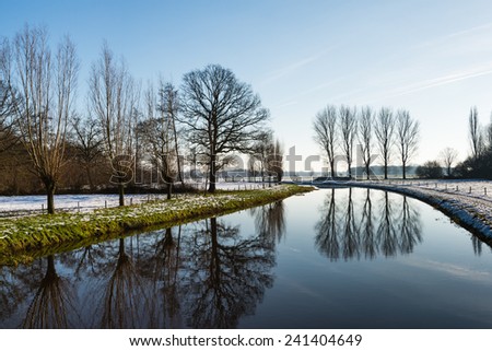 Different kinds of bare trees reflected in the mirror like water surface of a small river with snow on the banks.