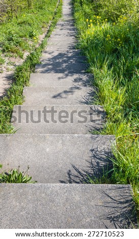 A concrete staircase between the grass and weeds seen from the top of a dike on a sunny day in the early spring season.