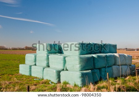 Countryside field with hay bales wrapped in green plastic on a sunny day in the Netherlands.