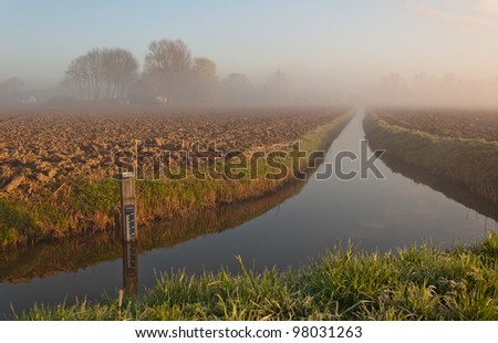 Dutch landscape at the end of the winter season. The early morning mist is still above the fields.