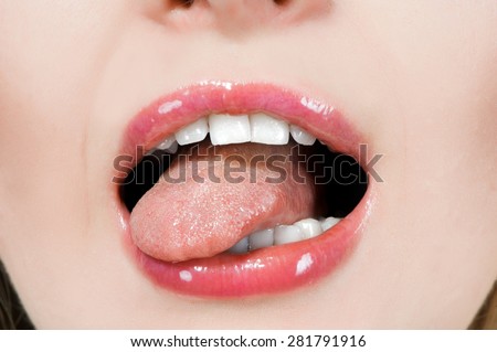 Female mouth close up (detail person), lips, tongue, teeth