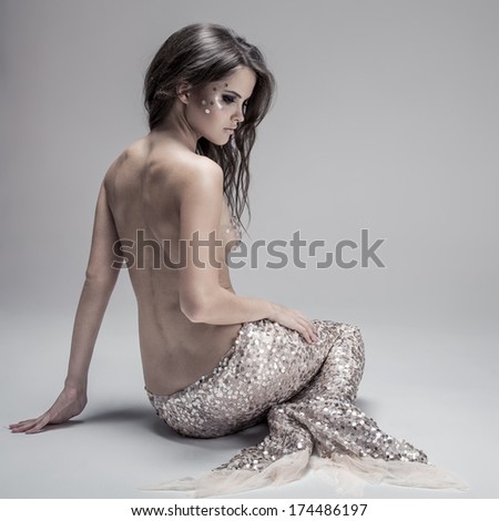 Fashion Fantasy Mermaid Studio Shot Gray Background Fashion Fantasy Mermaid Studio Shot Gray Background