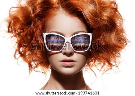 Fashion Woman In Sunglasses With Beach Reflection Fashion Woman In Sunglasses With Beach Reflection