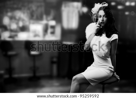 Retro Style Image. Smoking Lady In The Bar