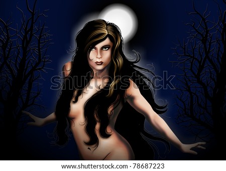 girl dancing in the night forest under the moon