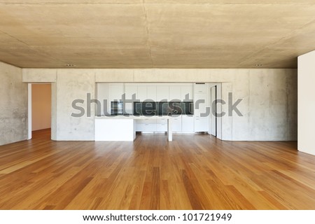 modern concrete house with hardwood floor,  kitchen