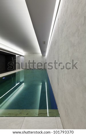 modern concrete house , indoor pool with shower