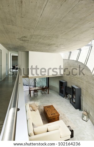 beautiful modern house in cement, interior, living room top view