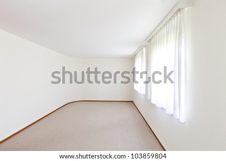 interior house, empty room, window with white curtains