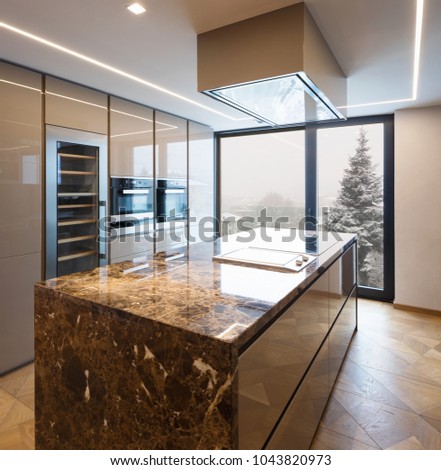 Modern marble kitchen with island. Nobody inside