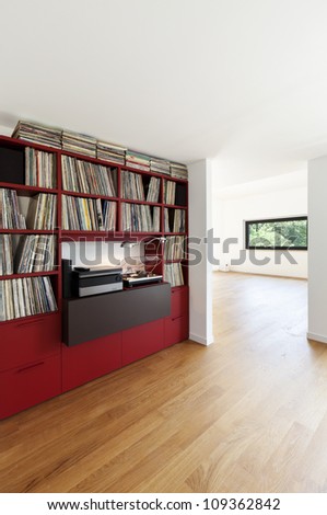 interior modern house, empty room with library records