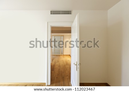 interior empty house with wooden floor, door open