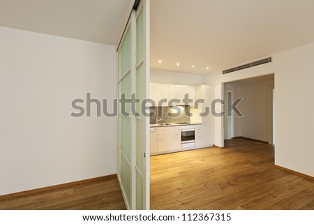interior empty house with wooden floor, kitchen