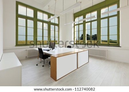 interior, office with furniture white, view from window