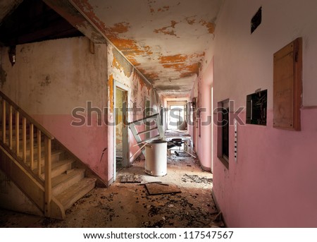 long corridor of old destroyed house, interior