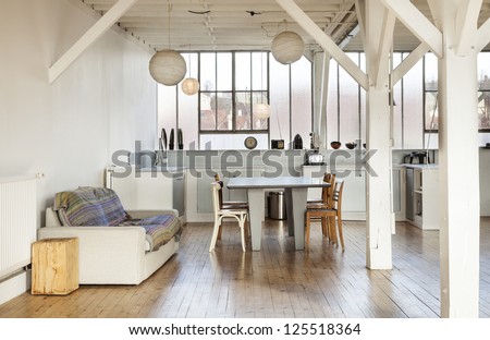 Wide Room Of Loft, Beams And Wooden Floor