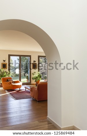 interior, furnished apartment, view of living room from hall