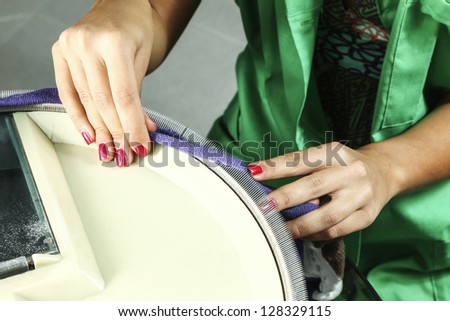industrial textile factory, woman at work, detail