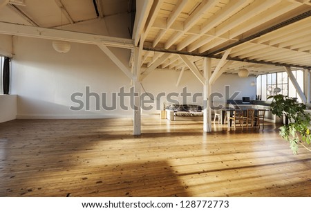 Wide Loft, Beams And Wooden Floor