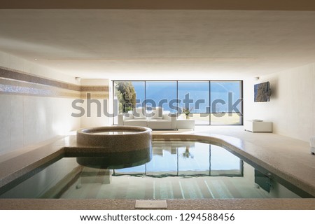 Indoor pool of private villa with lake view and bar area. Nobody inside