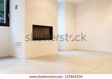 Interior of stylish modern house, room with fireplace